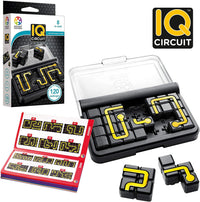 IQ Circuit puzzle game set with black tray, yellow tracks, and building pieces