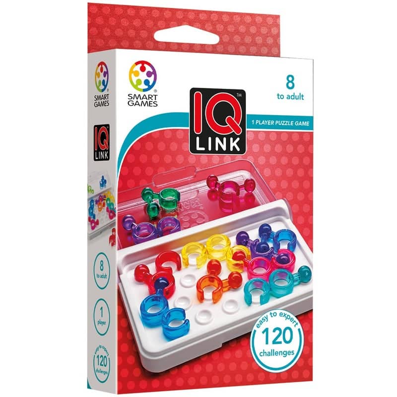 IQ Link game set box with colorful link pieces and 120 challenge label