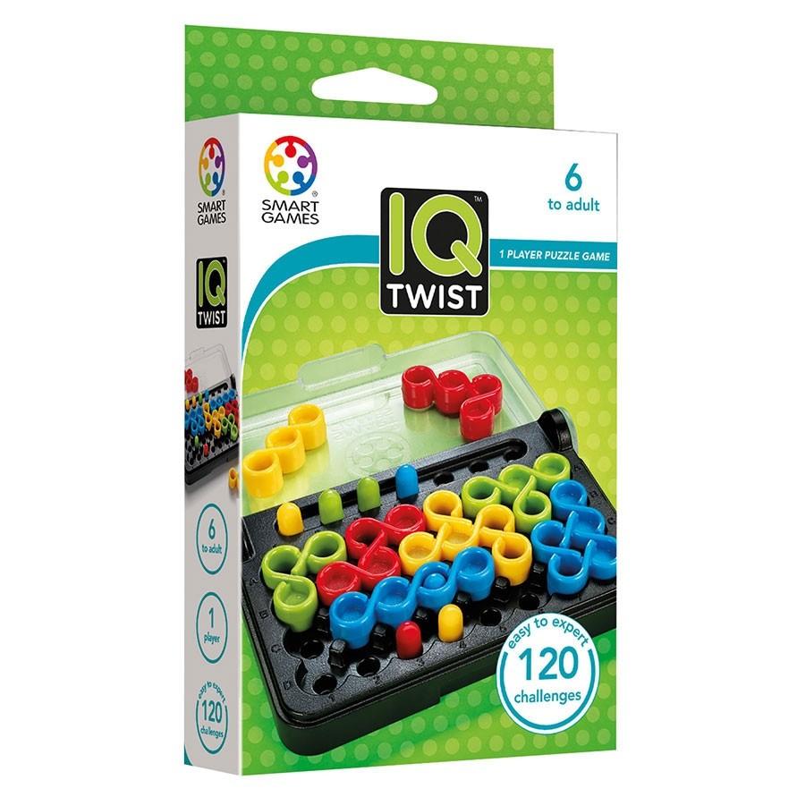 IQ Twist puzzle game box with colorful peg pieces and 120 challenge text
