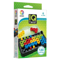 IQ Twist puzzle game box with colorful peg pieces and 120 challenge text