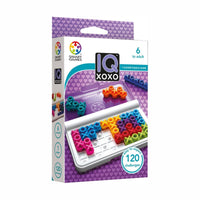 IQ XOXO puzzle game board in retail box, multi-color pieces shown