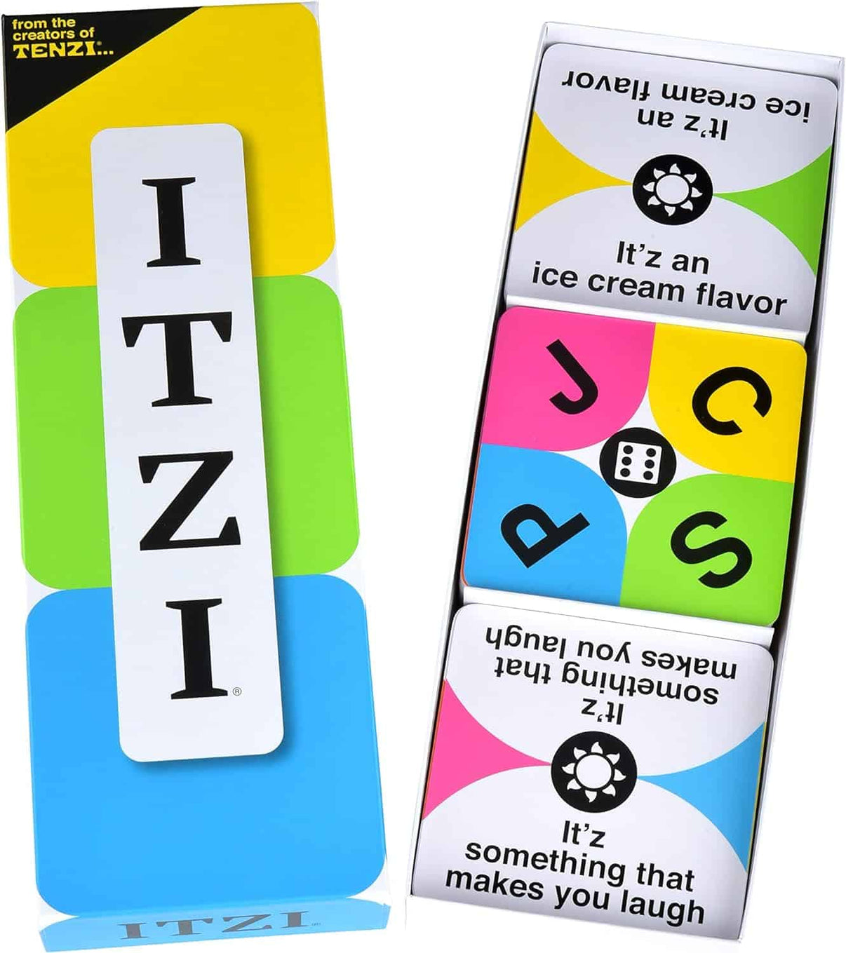 Card game box front with stacked letter cards showing I, T, Z, I