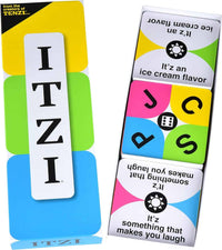 Card game box front with stacked letter cards showing I, T, Z, I