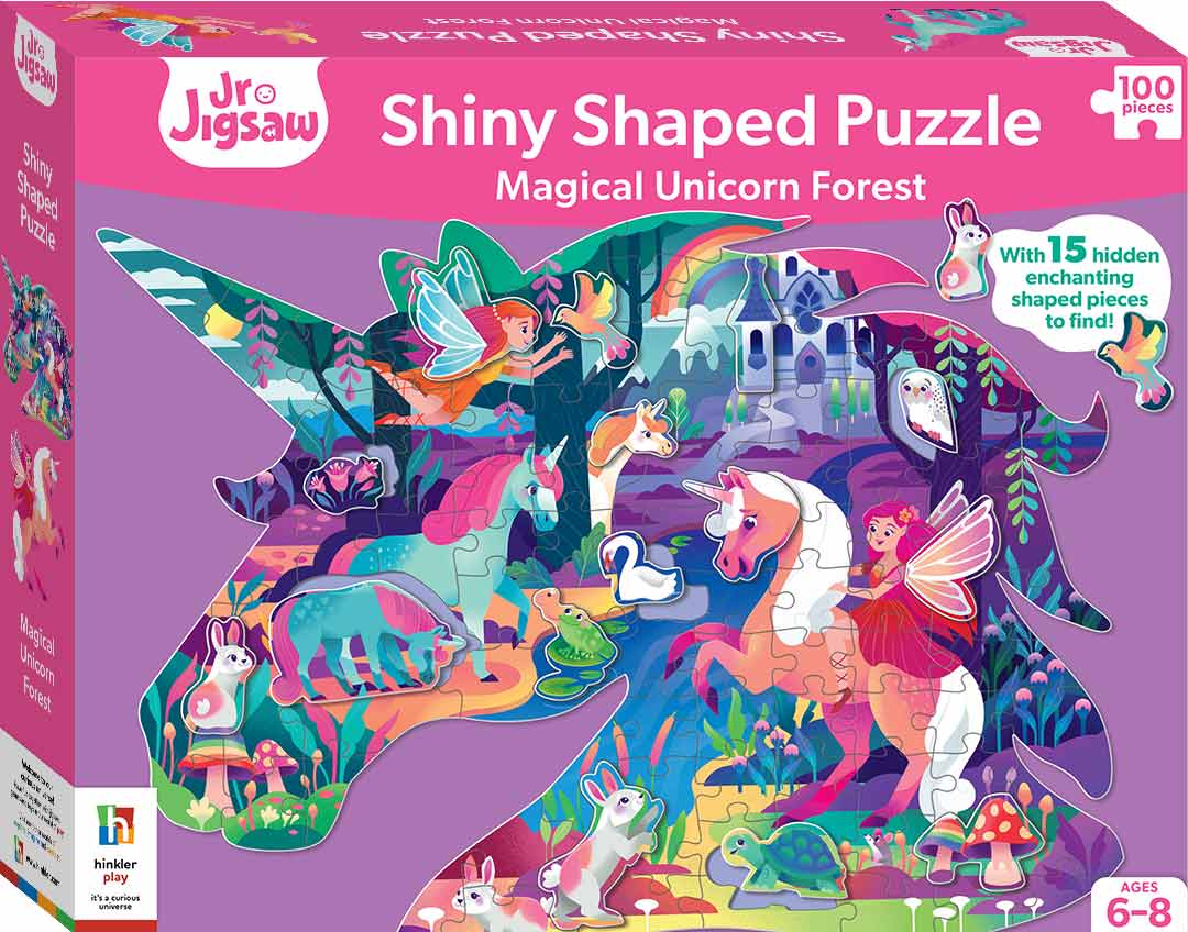 Shiny shaped jigsaw puzzle box with magical unicorn forest artwork, 100 pieces