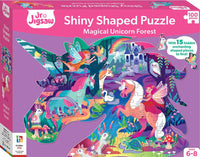 Shiny shaped jigsaw puzzle box with magical unicorn forest artwork, 100 pieces