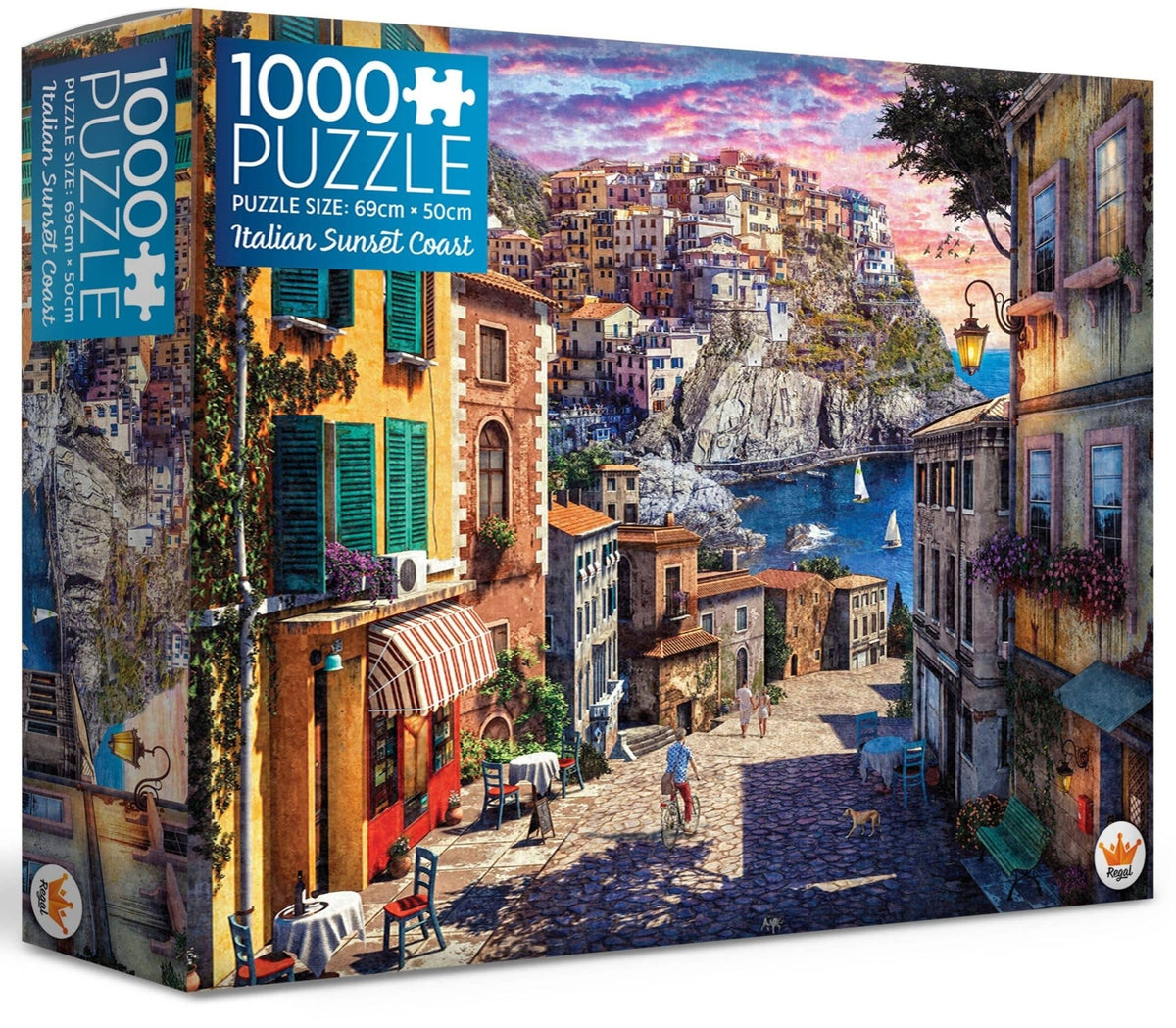 1000-piece jigsaw puzzle box with colorful coastal city scene, terracotta buildings
