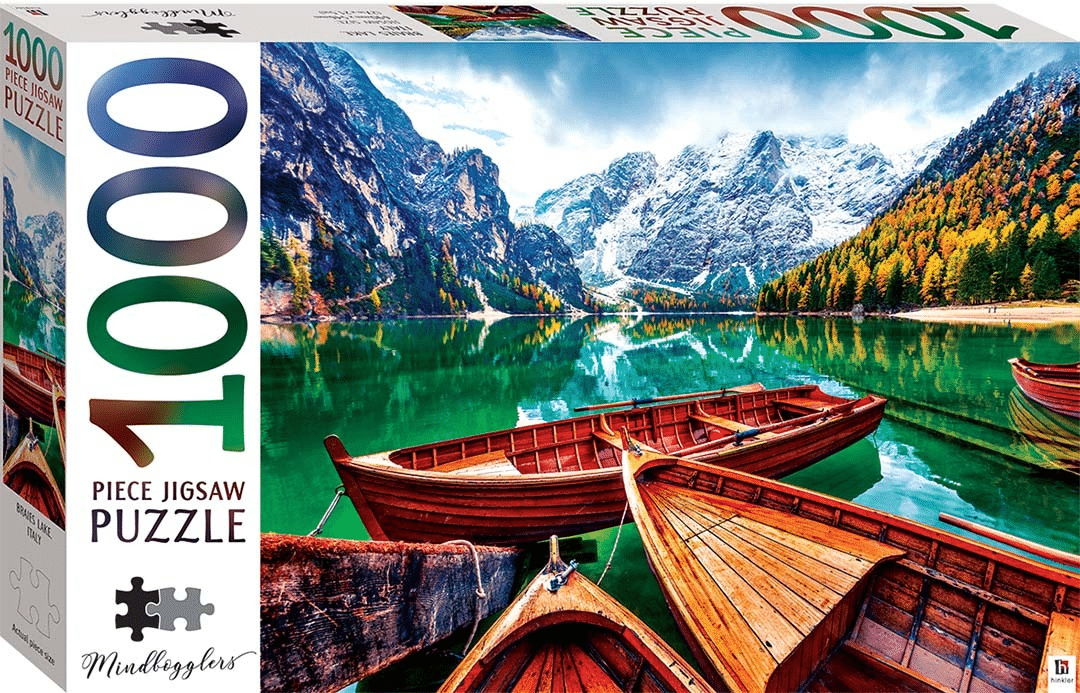 Mindbogglers 1000-piece jigsaw puzzle box with lake and wooden boats