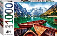 Mindbogglers 1000-piece jigsaw puzzle box with lake and wooden boats