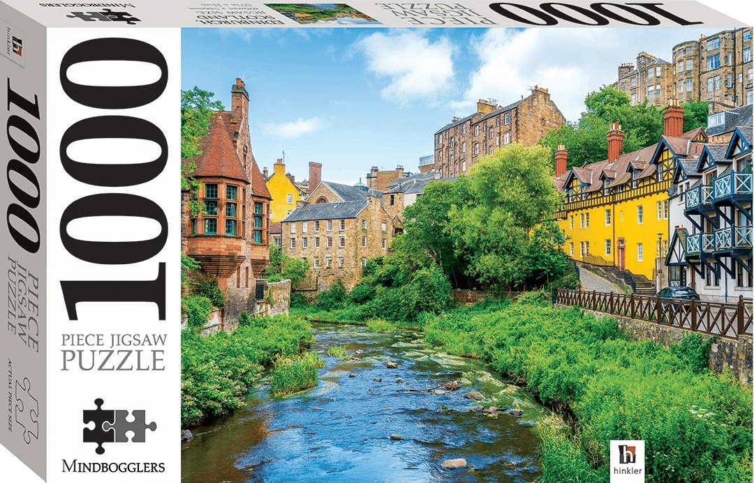 1000-piece jigsaw puzzle box by Mindbogglers with illustrated Edinburgh buildings and river