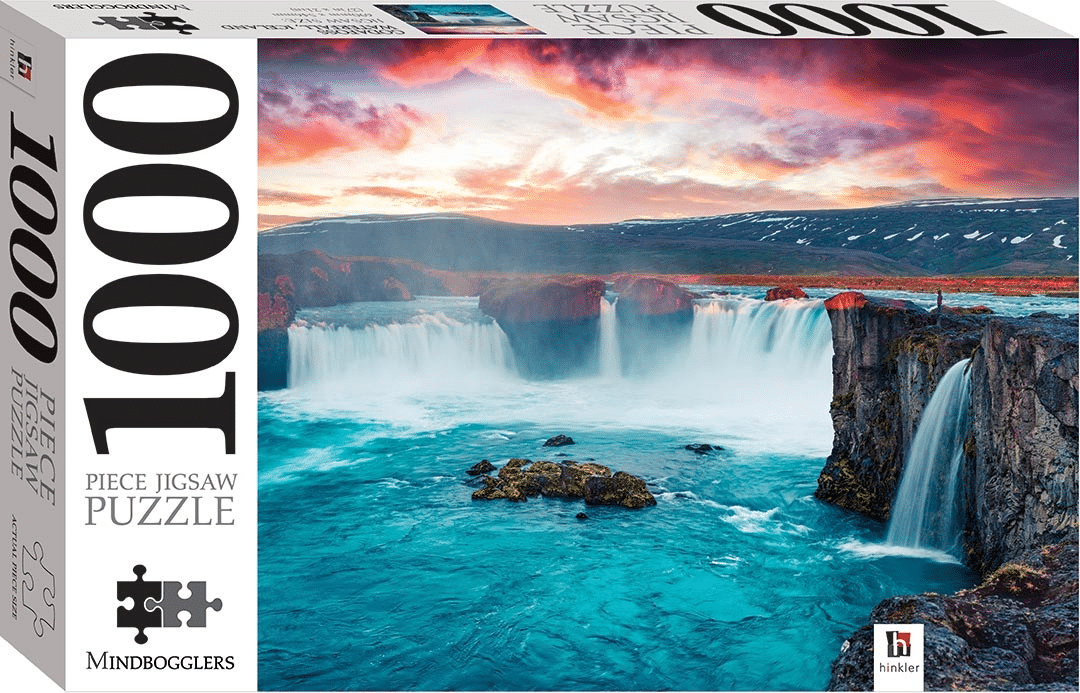1000-piece jigsaw puzzle box with Godafoss waterfall and ocean under colorful sky