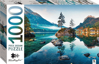 1000-piece jigsaw puzzle box with scenic lake, mountains, rocks; Mindbogglers