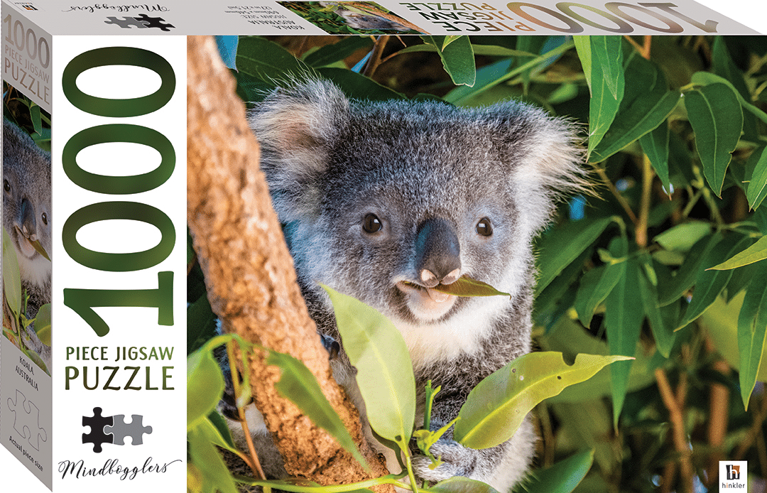 Jigsaw puzzle box with koala in leaves and “1000” piece count on the side