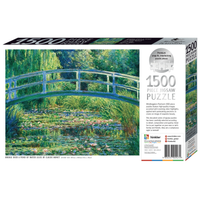 Jigsaw puzzle box featuring Monet-style water lilies and 1500-piece artwork