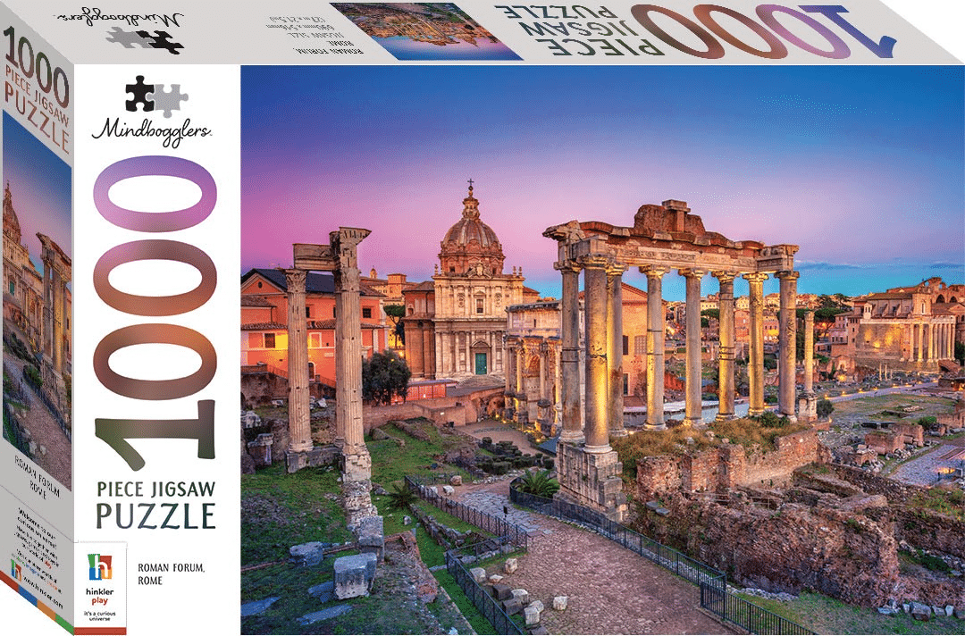 1000-piece jigsaw puzzle box showing Roman Forum ruins with tall stone columns at dusk