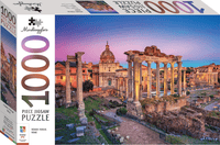 1000-piece jigsaw puzzle box showing Roman Forum ruins with tall stone columns at dusk