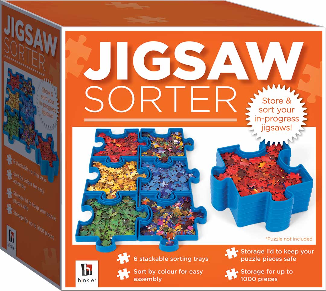 Jigsaw puzzle sorting trays set in retail box with stackable blue tray inserts