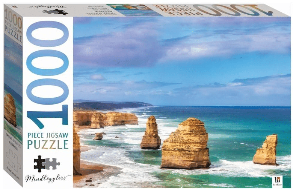 1000-piece jigsaw puzzle box with coastal seascape, ocean and limestone stacks