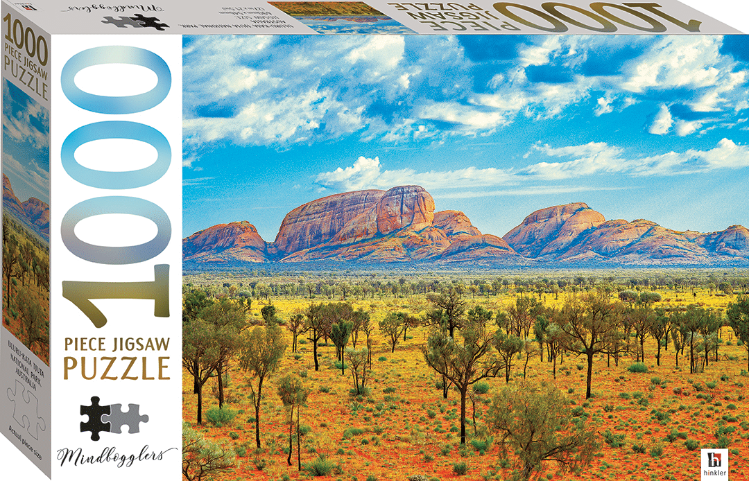1000-piece jigsaw puzzle box with Uluru landscape artwork and Mindbogglers logo
