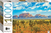 1000-piece jigsaw puzzle box with Uluru landscape artwork and Mindbogglers logo