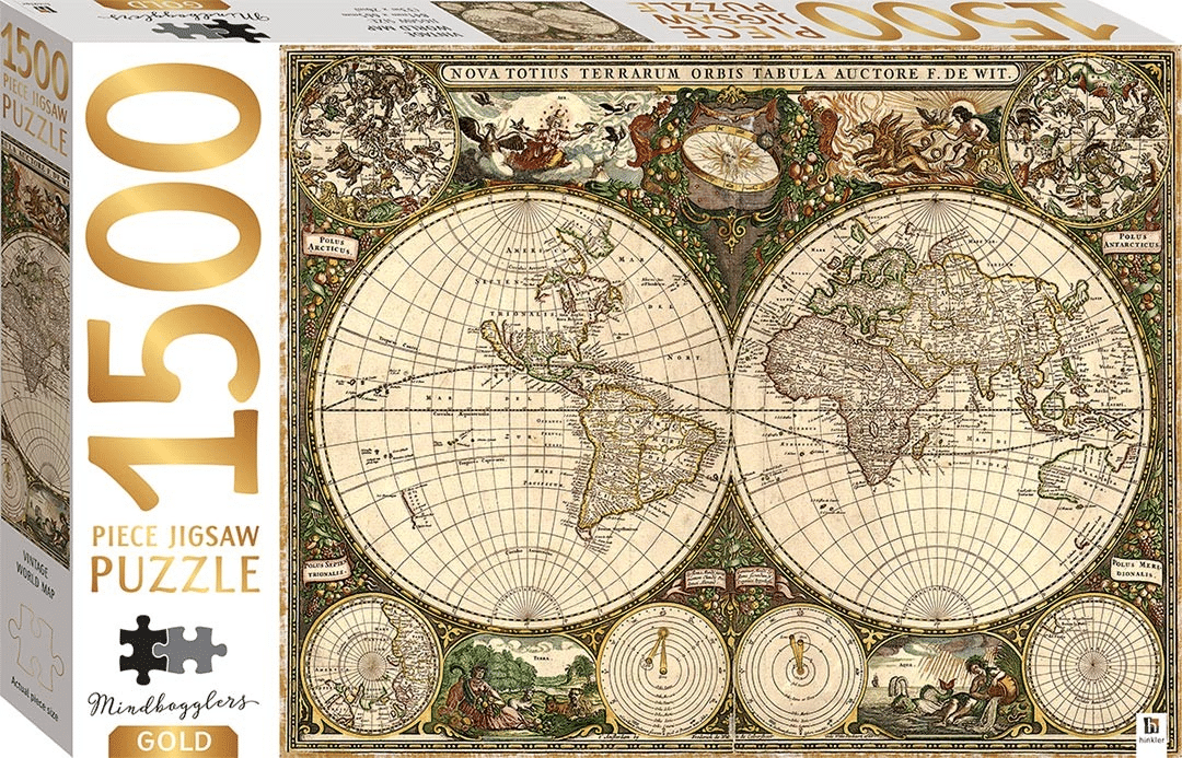 1500-piece vintage world map jigsaw puzzle box with gold-toned decorative cartography
