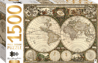 1500-piece vintage world map jigsaw puzzle box with gold-toned decorative cartography