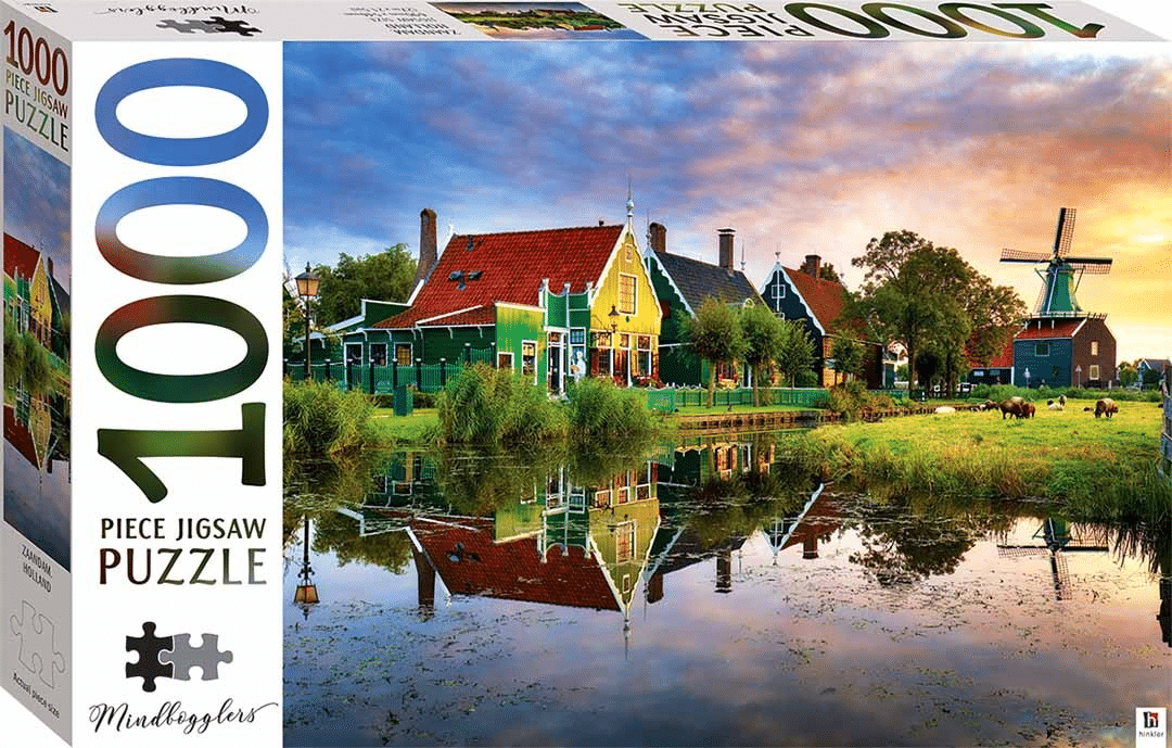 1000-piece jigsaw puzzle box with colorful houses by a river and sky reflection