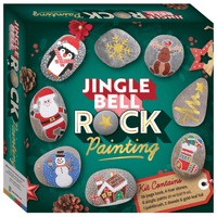 Rock painting kit box with Jingle Bell Rock designs: penguin, snowflake, and reindeer