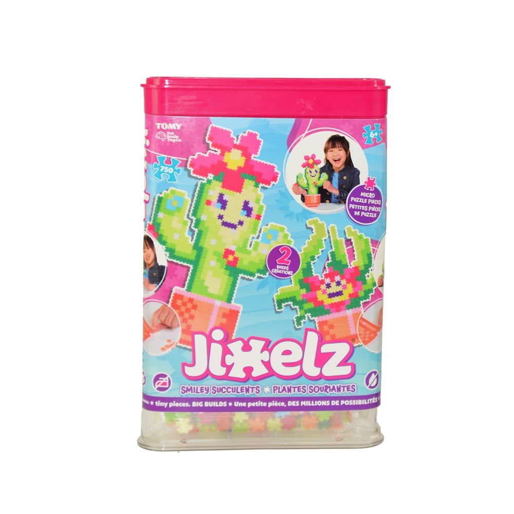 Jixelz Smiley Succulents 750-piece tile set in pink storage tub