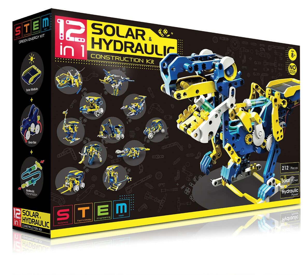 Solar and hydraulic construction kit box with robot parts and graphics