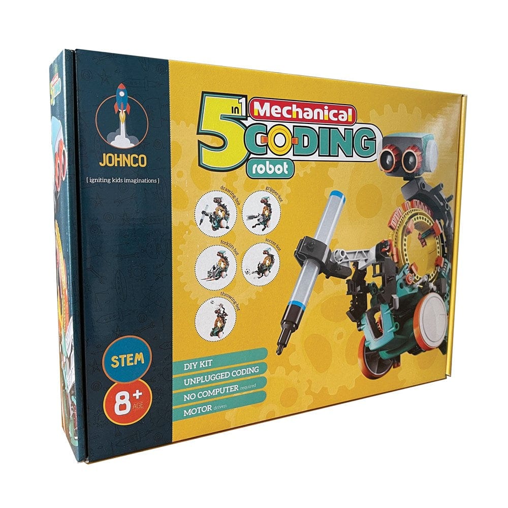 5-in-1 mechanical coding robot STEM kit box with illustrated robot parts
