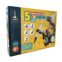 5-in-1 mechanical coding robot STEM kit box with illustrated robot parts