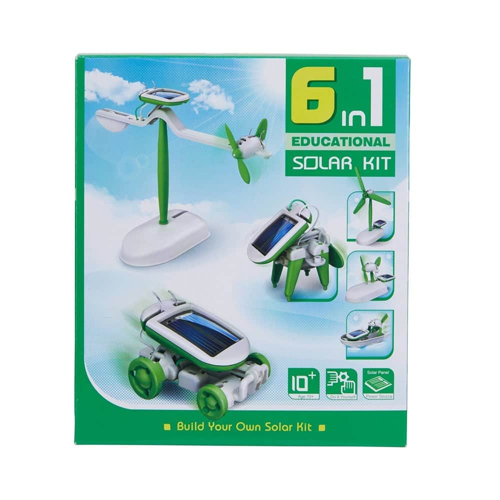 6-in-1 educational solar kit box with solar fan, plane, and car illustrations