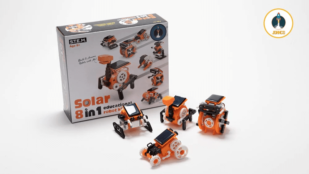 Solar 8-in-1 educational robot kit box with orange robot models