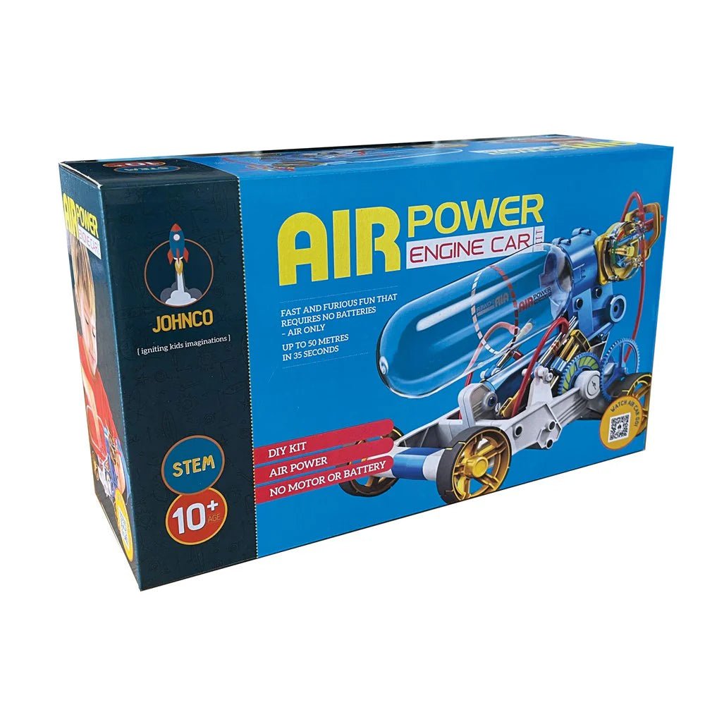 Johnco air power engine car STEM kit box with blue graphic and engine cutaway
