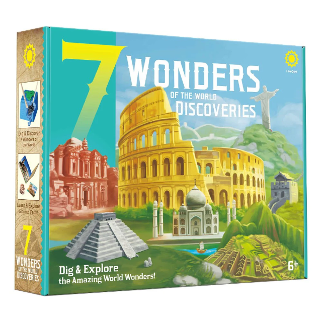 Boxed dig kit set with illustrated front and colorful 7 Wonders Discoveries design