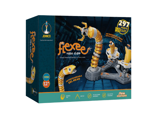 Robotic claw toy retail box with yellow claw character and accessories
