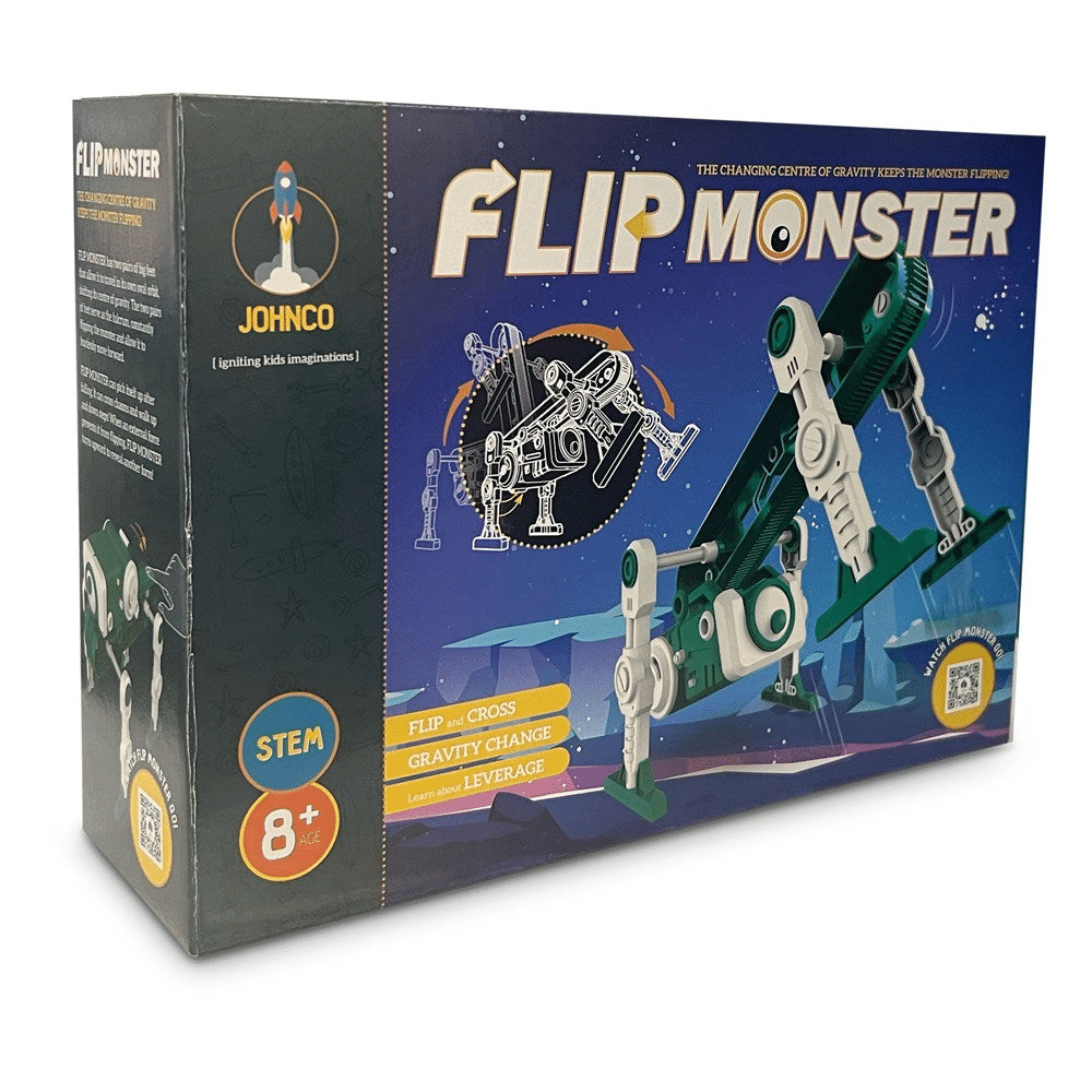 Flip Monster gravity robot building kit box with green and white robot illustration