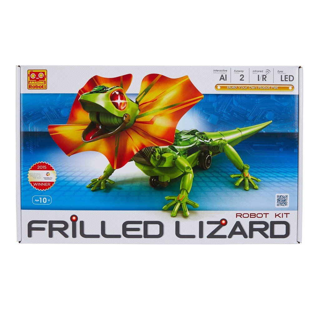 Frilled lizard robot kit box with green lizard figure and orange-yellow frill