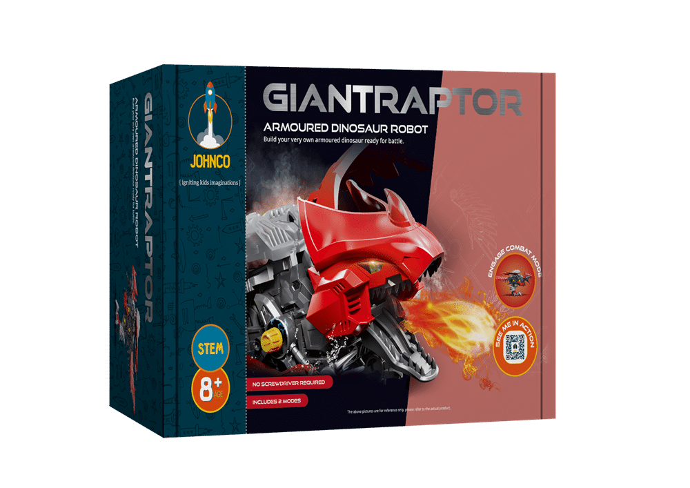 Armoured dinosaur robot toy box with red and blue packaging