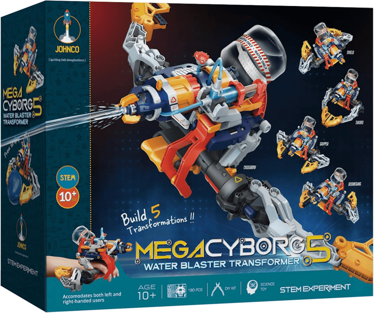 Mega Cyborg 5 water blaster transformer toy kit in colorful retail box with robot