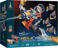 Mega Cyborg 5 water blaster transformer toy kit in colorful retail box with robot