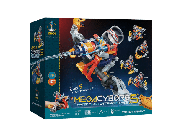 Transforming water blaster kit box with cyborg robot and blaster graphics