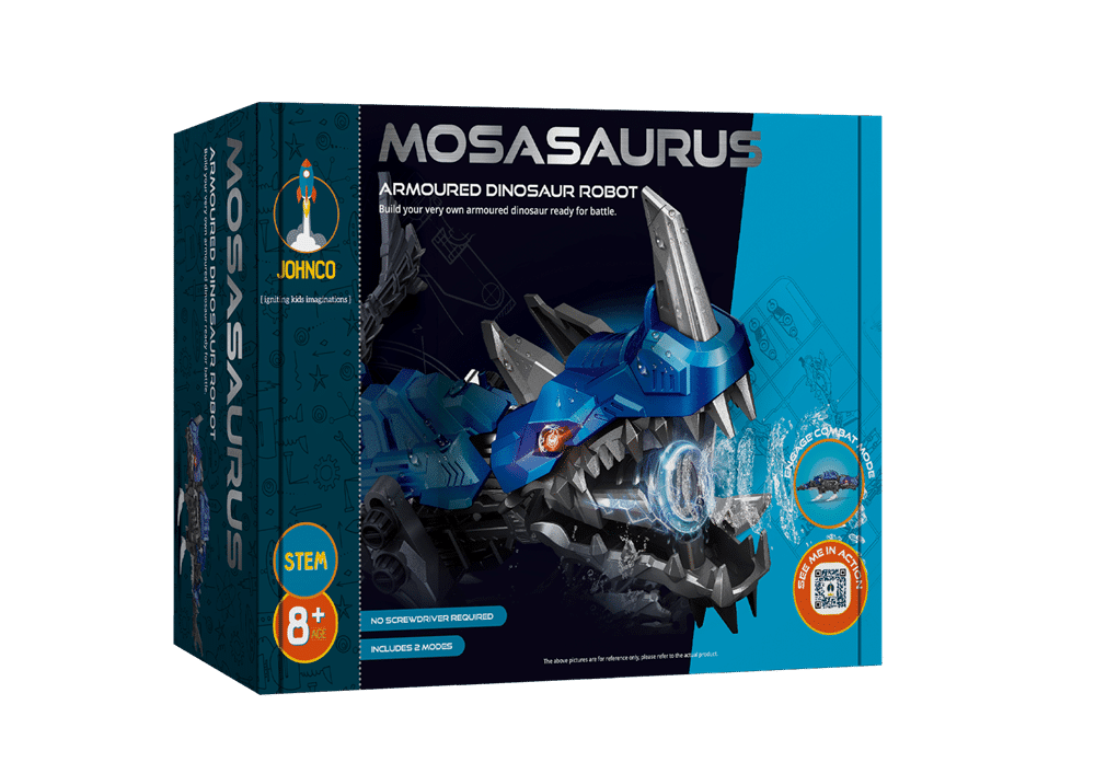 Armored dinosaur robot kit box with Mosasaurus design