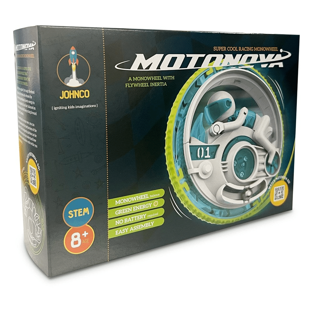 Toy flywheel STEM building set box front with MotoNova logo and rocket graphic