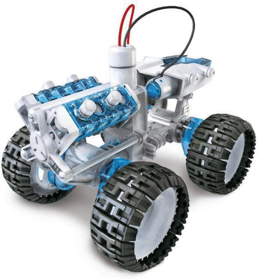 4-wheel drive engine car kit with blue and silver chassis, black tread wheels