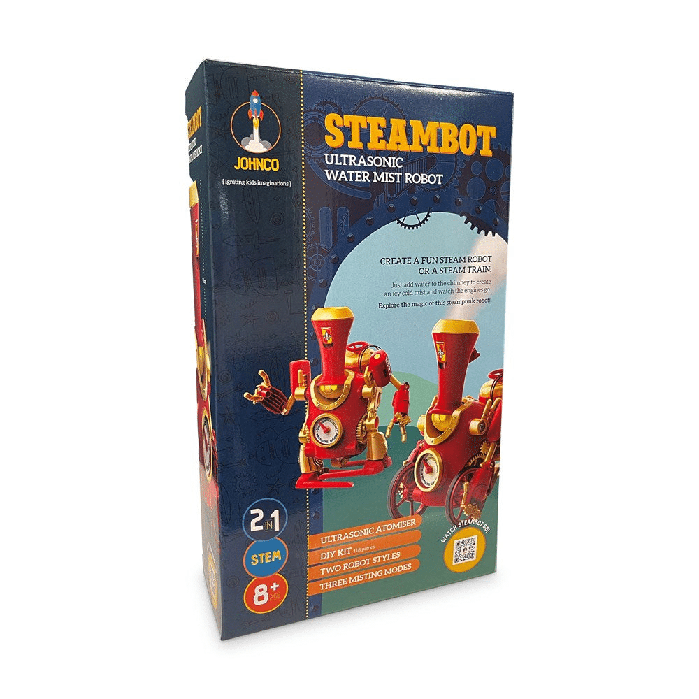 Steambot 2-in-1 water mist robot box with red robot illustration