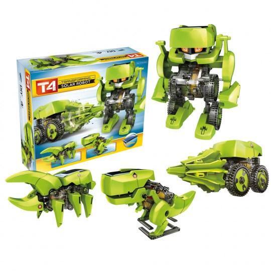 Johnco T4 transforming solar robot toy, lime green robot with three-wheel base