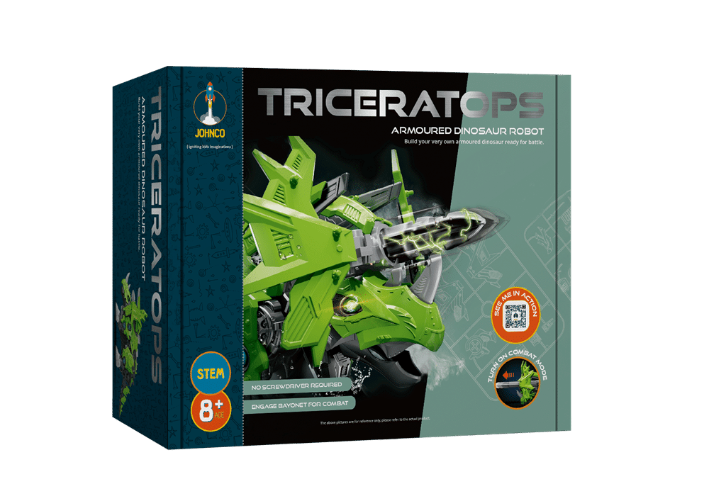 Johnco armored triceratops dinosaur robot toy in green and black box packaging