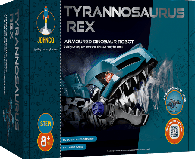 Armored T-rex dinosaur robot kit box, blue and black, mechanical clawed figure