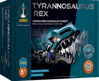 Armored T-rex dinosaur robot kit box, blue and black, mechanical clawed figure